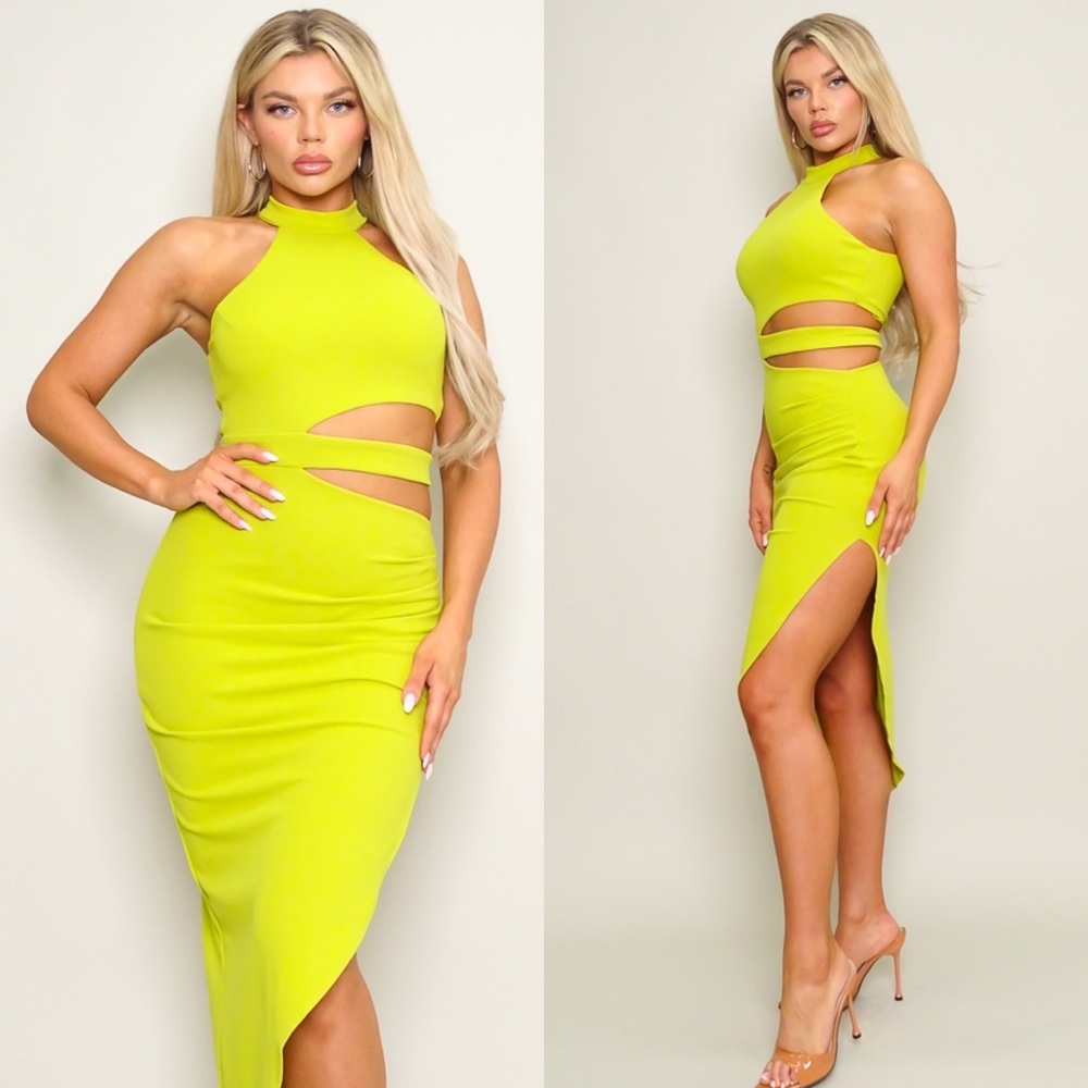 NEW "Once in a Lifetime" Lime Green Asymmetric Side Cut Out Midi Dress